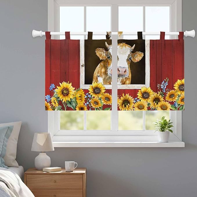 Cows Sunflowers Kitchen Curtains 24 Inch Length, Small Window Curtains Tab Top, Spring Floral Bees Farmhouse Barn Light Filtering Short Window Treatments Tier Drapes 27.5"x24" 2 Panel