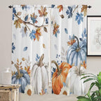 Navy Blue Pumpkin Fall Window Curtains 72 Inch Long 2 Panel Set,Rod Pocket Long Curtains & Drapes,Thanksgiving Maple Leaves Branches Window Treatment for Bedroom Living Room 52"W x 72"L