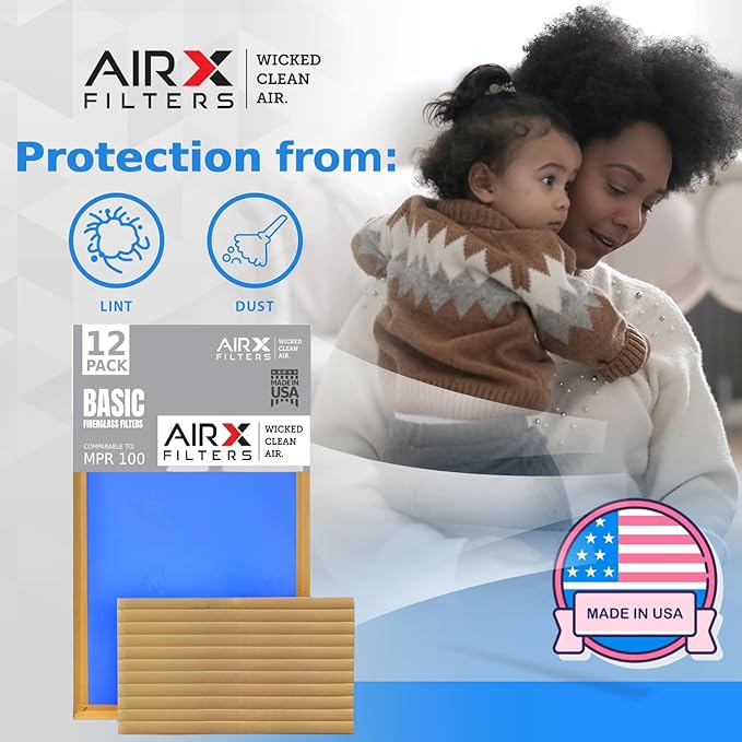 16x20x1 Air Filter Comparable to MPR 100 Basic Economy Furnace Filters, 12 Pack of Non Pleated Fiberglass Filter For Dust - Low Airflow Restriction! From AIRX FILTERS WICKED CLEAN AIR.
