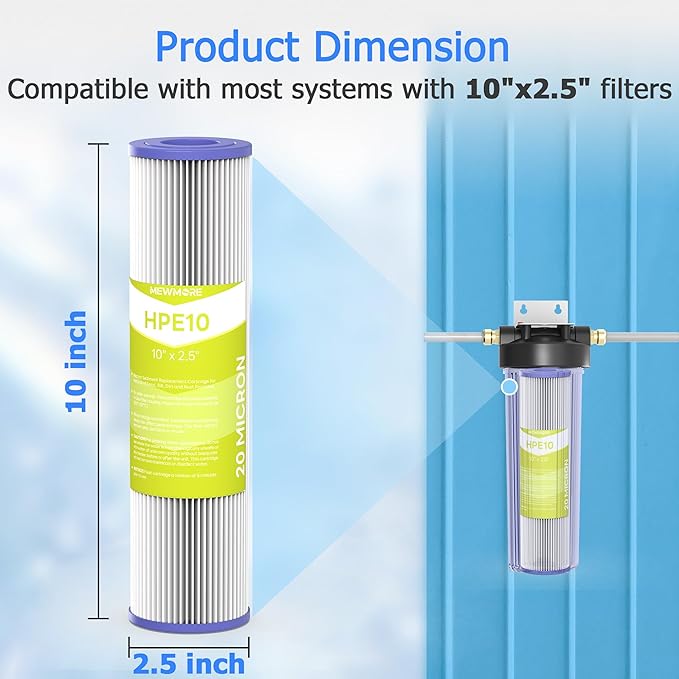 20 Micron Whole House Water Filter Cartridge, Pleated Sediment Filters for Well Water, Universal Replacement for Any 10 inch RO Unit - 10" x 2.5" Cartridges - Pack of 4