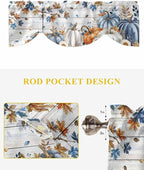 Thanksgiving Pumpkin Tie Up Valance Curtains for Windows, Kitchen Curtains Window Shades, Fall Maple Leaf Daisy Wooden Grain Light Filter Roman Curtain Valances for Bedroom/Bathroom/Cafe 54'' x 18''