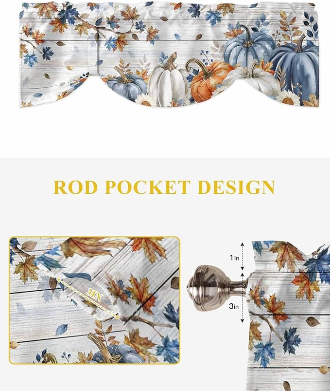 Thanksgiving Pumpkin Tie Up Valance Curtains for Windows, Kitchen Curtains Window Shades, Fall Maple Leaf Daisy Wooden Grain Light Filter Roman Curtain Valances for Bedroom/Bathroom/Cafe 42'' x 12''