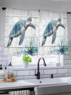 Sheer Curtains 54 Inch Length, Teal Green Sea Turtle Semi Sheer Curtains Light Filtering Window Treatment, Summer Ocean Vintage Wood Grain Privacy Voile Drapes for Living Room Bedroom 52x54 Inch