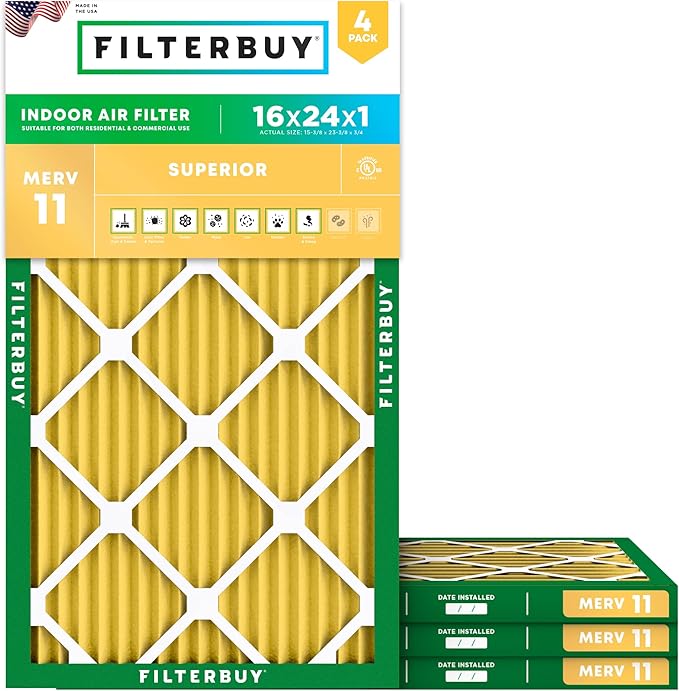 Filterbuy 16x24x1 Air Filter MERV 11 Superior Pet & Allergy Defense (4-Pack), Electrostatic Pleated HVAC AC Furnace Filters Replacement, Made in USA (Actual Size: 15.38 x 23.38 x 0.75)
