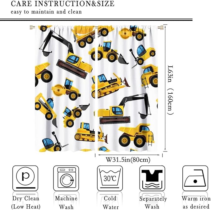 Kids Construction Equipment Window Curtains, Excavator Tractor Tow Truck Rod Pocket Decorative Windows Curtain for Children Teens Boys Girls Room Decor 63x63in (30% Blackout)