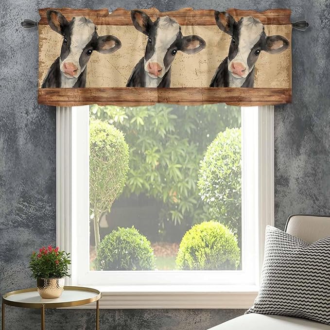 Farmhouse Cow Curtain Valances for Windows, Kitchen Valance Window Treatment, Country Vintage Animals Wooden Grain Light Filtering Block Curtains for Bathroom/Bedroom/Living Room 42'' x 12''