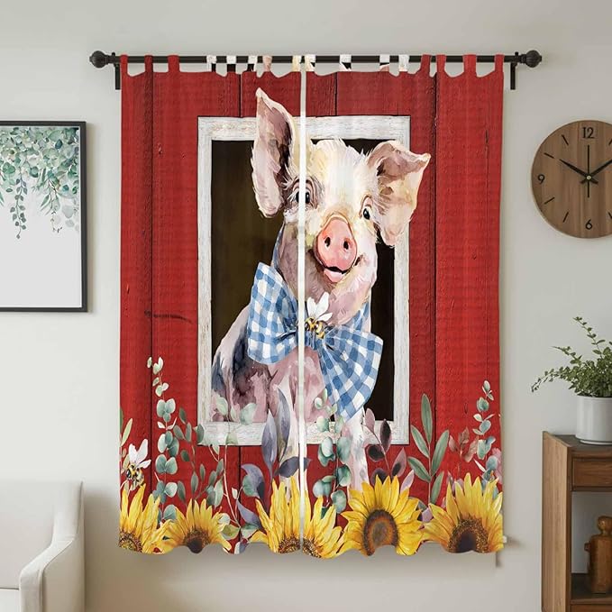 Pig Sunflowers Living Room Curtains 84 Inch Length, Window Curtains Tab Top, Eucalyptus Leaves Floral Bees Red Barn Light Filtering Window Treatments Drapes 52"x84" 2 Panel