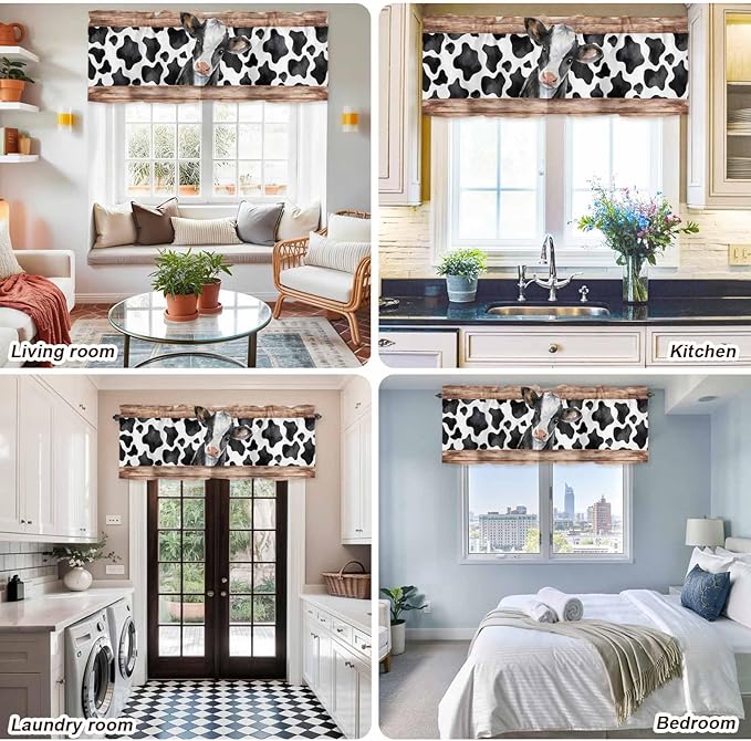 Cow Printed Curtain Valances for Windows, Kitchen Valance Window Treatment, Farmhouse Watercolor Country Wooden Grain Light Filtering Block Curtains for Bathroom/Bedroom/Living Room 60'' x 18''