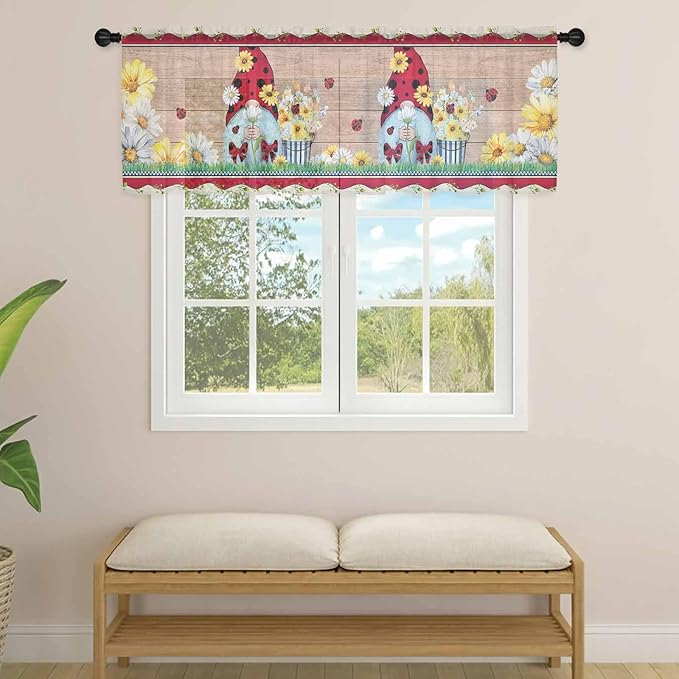Ladybug Gnome Sheer Valance Curtains, Country Summer Rustic White Yellow Daisy Floral Wood Grain Light Filtering Kitchen Valances Rod Pocket Voile Curtain for Bedroom/Living Room/Basement 42Wx18L
