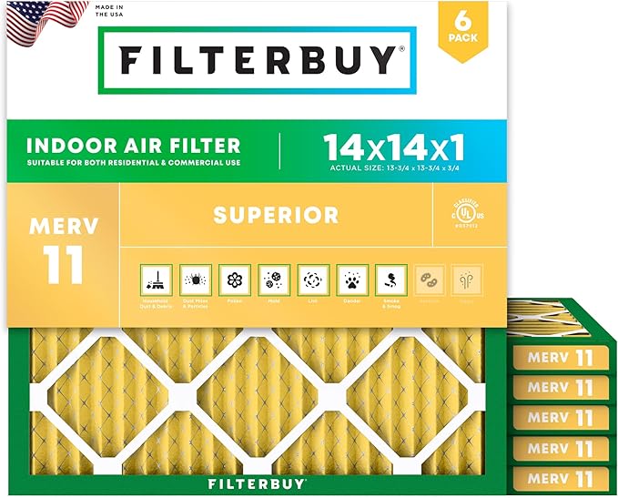 Filterbuy 14x14x1 Air Filter MERV 11 Superior Pet & Allergy Defense (6-Pack), Electrostatic Pleated HVAC AC Furnace Filters Replacement, Made in USA (Actual Size: 13.75 x 13.75 x 0.75)