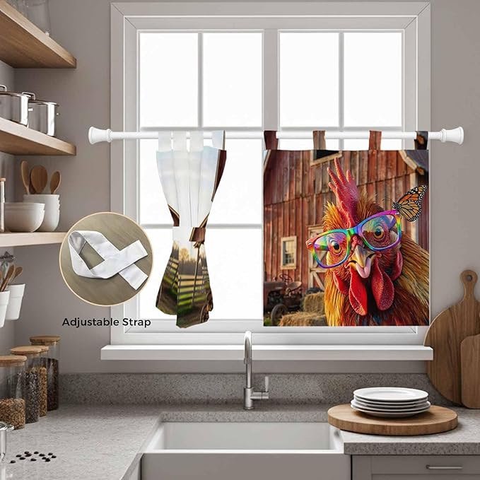 Farm Rooster Kitchen Curtains 36 Inch Length, Small Window Curtains Tab Top, Farmhouse Barn Funny Animals Butterfly Light Filtering Short Window Treatments Tier Drapes 27.5"x36" 2 Panel