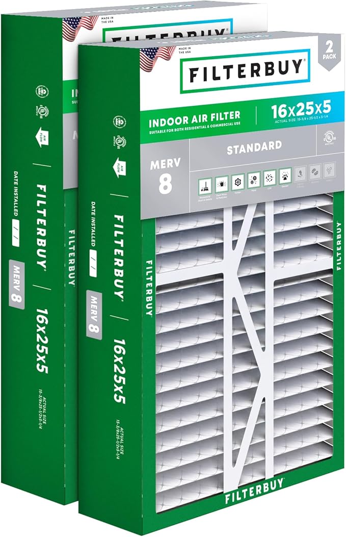 Filterbuy 16x25x5 Air Filter MERV 8 Essential Dust & Allergy Defense (2-Pack), Pleated HVAC AC Furnace Filters for Amana, Coleman, Goodman, Maytag, York, and More (Actual Size: 15.38 x 25.50 x 5.25)