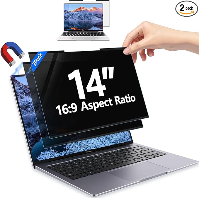 2Pack Magnetic 14 Inch Laptop Privacy Screen 16:9 Aspect Ratio, Removable Anti-Blue/Glare Protector Film, Anti Spy Desktop Security Private Filter 14in