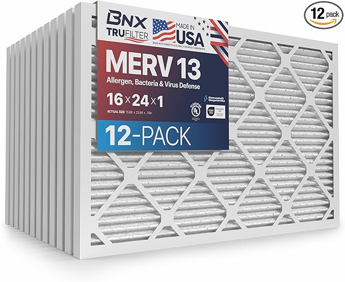 BNX TruFilter 16x24x1 Air Filter MERV 13 (12-Pack) - MADE IN USA - Electrostatic Pleated Air Conditioner HVAC AC Furnace Filters for Allergies, Pollen, Mold, Bacteria, Smoke, Allergen, MPR 1900 FPR 10