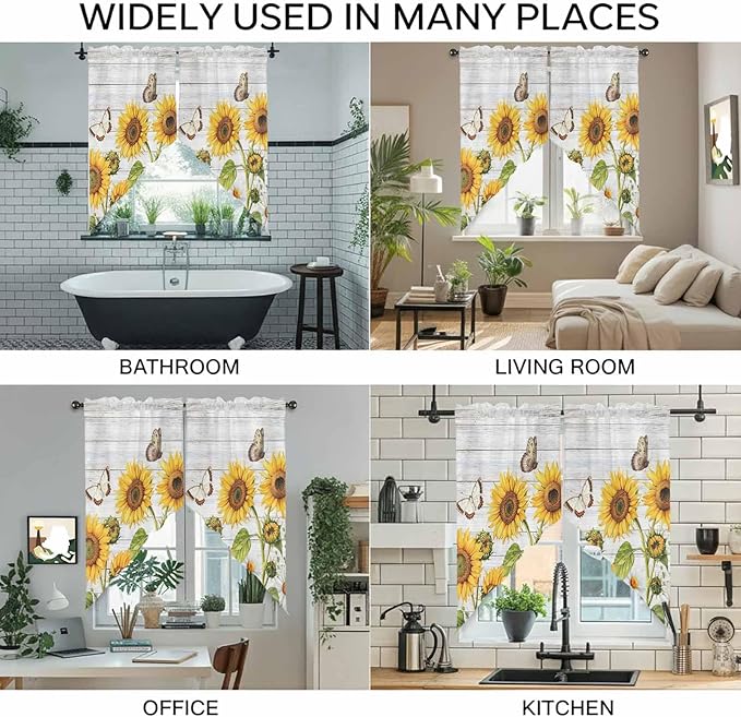 Yellow Sunflowers Swag Valances for Windows, Vintage Country Flowers Butterfly Wood Board Rod Pocket Kitchen Curtains Valance, Kitchen Window Curtains Swag for Cafe Living Room, 2 Panels, 36x63 inch