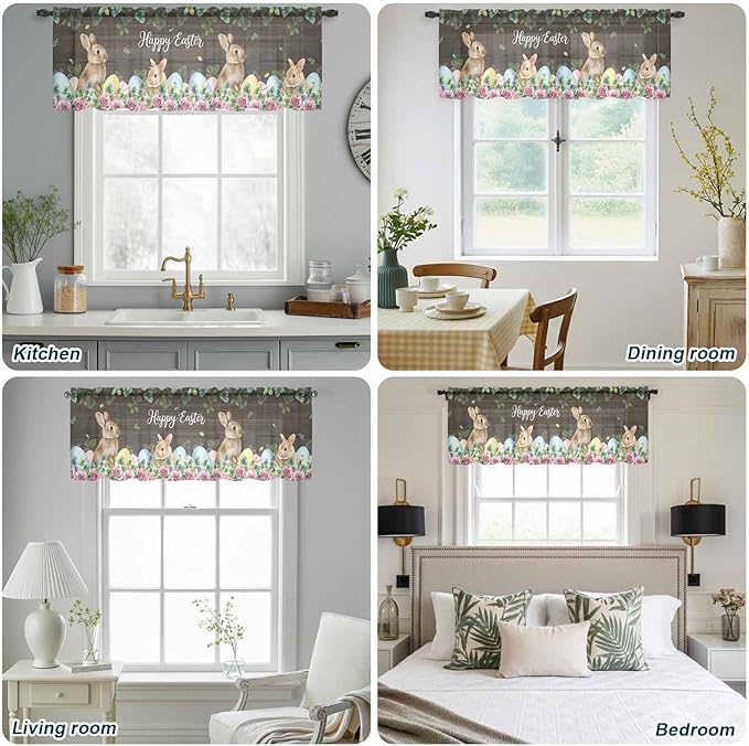 Easter Sheer Valances for Windows 54"x18", Light Filtering Kitchen Curtains Valance, Spring Watercolor Bunny Eggs Flower Leaf Wood Grain Rod Pocket Chiffon Curtains for Living Room Bedroom Cafe