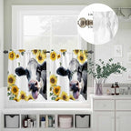 Kitchen Curtains Tiers and Valance Set of 3, Cow Sunflowers Light Filtering Window Curtain Set, Spring Botanical Floral Flowers Animals Rod Pocket Curtain Drapes for Cafe, Living Room, 36 Inches Tiers