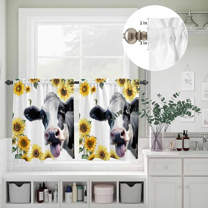 Kitchen Curtains Tiers and Valance Set of 3, Cow Sunflowers Light Filtering Window Curtain Set, Spring Botanical Floral Flowers Animals Rod Pocket Curtain Drapes for Cafe, Living Room, 36 Inches Tiers