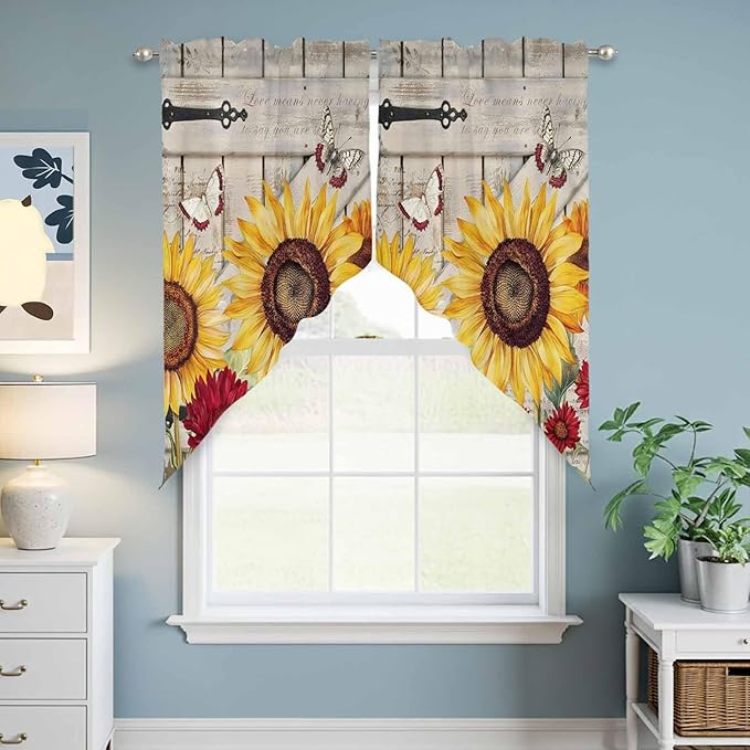 Red Yellow Sunflowers Swag Valances for Windows, Retro Rustic Barn Doors Butterfly Brown Rod Pocket Kitchen Curtains Valance, Small Window Curtains Swag for Cafe Living Room, 2 Panels, 36x36 inch