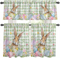 Kitchen Curtains Tiers and Valance Set of 3, Easter Light Filtering Window Curtain Set, Spring Bunny Colorful Eggs Floral Leaves Grey Plaid Rod Pocket Curtain Drapes for Living Room, 36 Inches Tiers