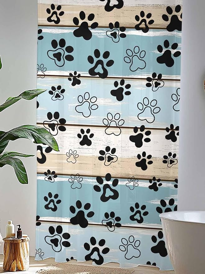 Sheer Curtains 96 Inches Long, Blue Beige Paw Print Semi Sheer Curtains Light Filtering Window Treatment, Vintage Farmhouse Country Wood Grain Privacy Voile Drapes for Living Room Bedroom 52x96 Inch