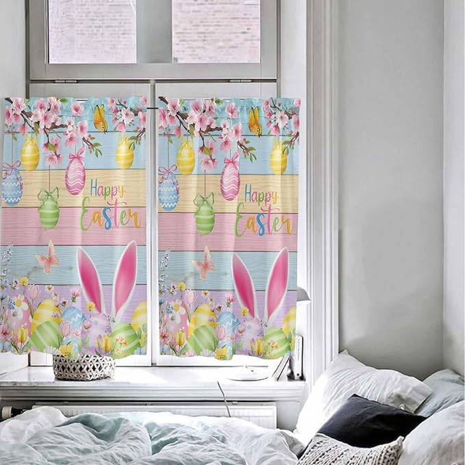 Colorful Easter Kitchen Curtains 45 Inches length, Spring Watercolor Bunny Egg Flower Wood Grain Window Treatment Curtain Drapes, Lightweight Window Panels for Living Room Bedroom, 52"x45", 2 Panels