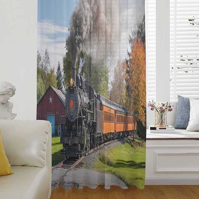 Steam Train Sheer Curtains 54 Inch Length Railroad Country Barn Rustic Trees Farmhouse Chiffon Curtain for Bedroom Living Room Light Filtering Window Treatments Voile Curtains Drapes for Kitchen