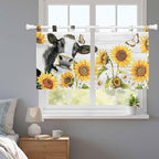 Retro Farmhouse Floral Kitchen Curtains 36 Inch Length, Small Window Curtains Tab Top, Yellow Sunflowers Cows Butterfly Wood Light Filtering Short Window Treatments Tier Drapes 27.5"x36" 2 Panel
