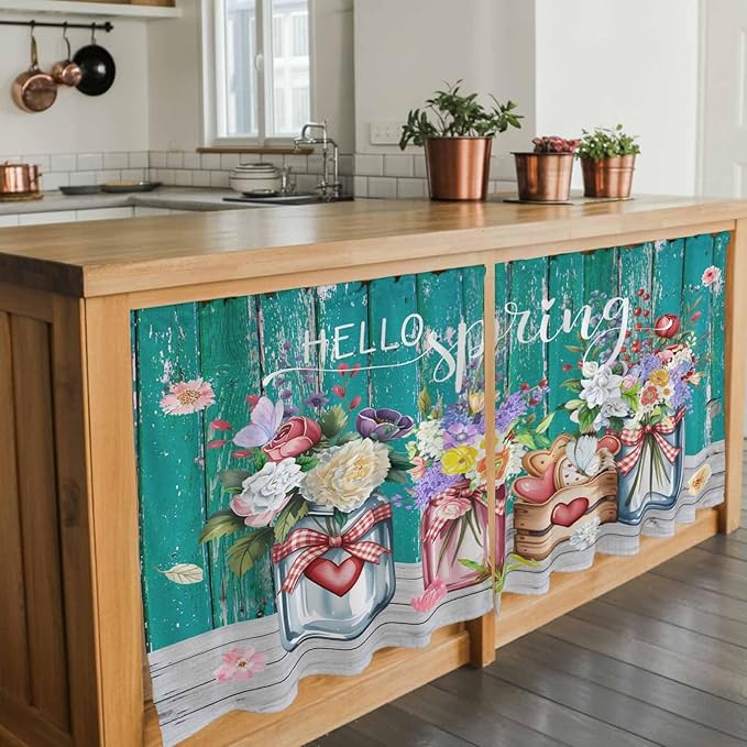 Spring Flowers Tier Curtains, Farmhouse Watercolor Teal Wood Grain Light Filtering Kitchen Curtains, 2Pcs Rod Pocket Half Window Treatments Panels for Sink Cafe Cabinet Camper 27.5x24 Inches