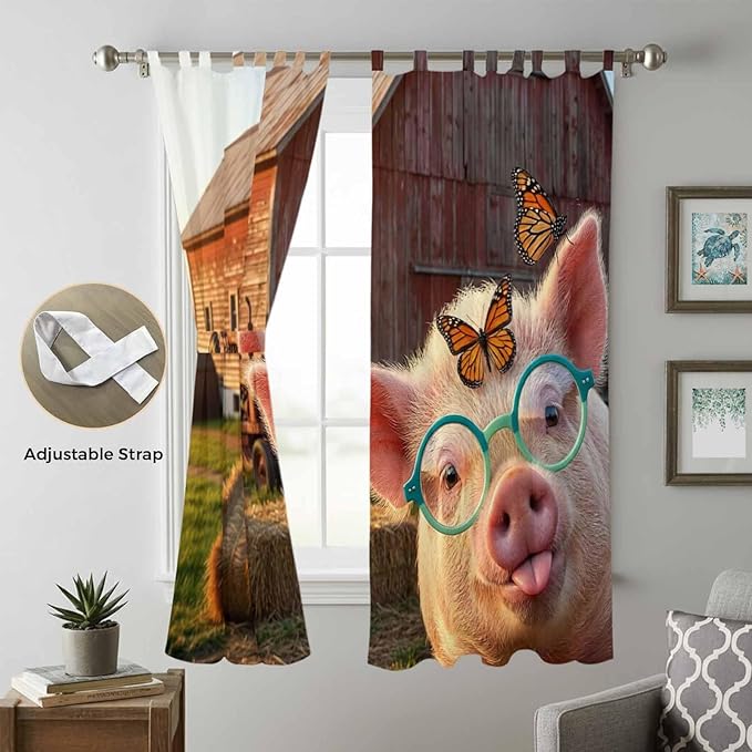 Farm Pig Living Room Curtains 96 Inch Length, Window Curtains Tab Top, Farmhouse Barn Funny Animals Butterfly Light Filtering Window Treatments Drapes 52"x96" 2 Panel