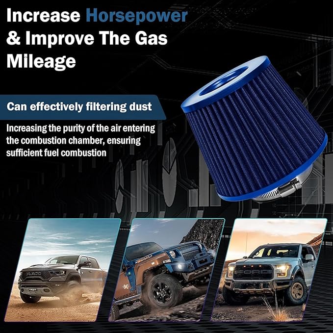 Universal Clamp-On Air Intake Filter, High Performance, Washable Filter, Replacement Air Filter, Flange Diameter 2.5inch/64mm (Blue)