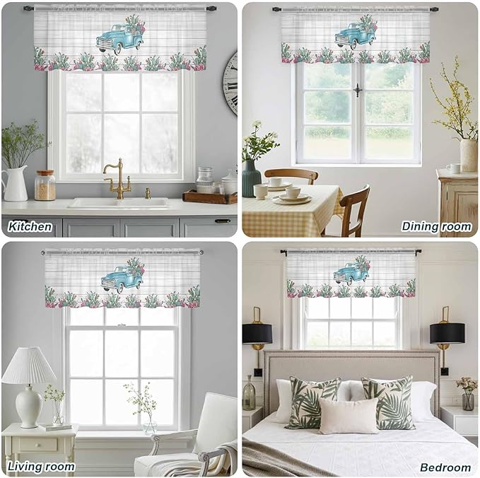 Farmhouse Sheer Valance Curtains, Summer Blue Car with Cactus Succulents Wood Grain Light Filtering Kitchen Valances Rod Pocket Voile Curtain Window Treatment for Bedroom/Living Room/Basement 42Wx12L