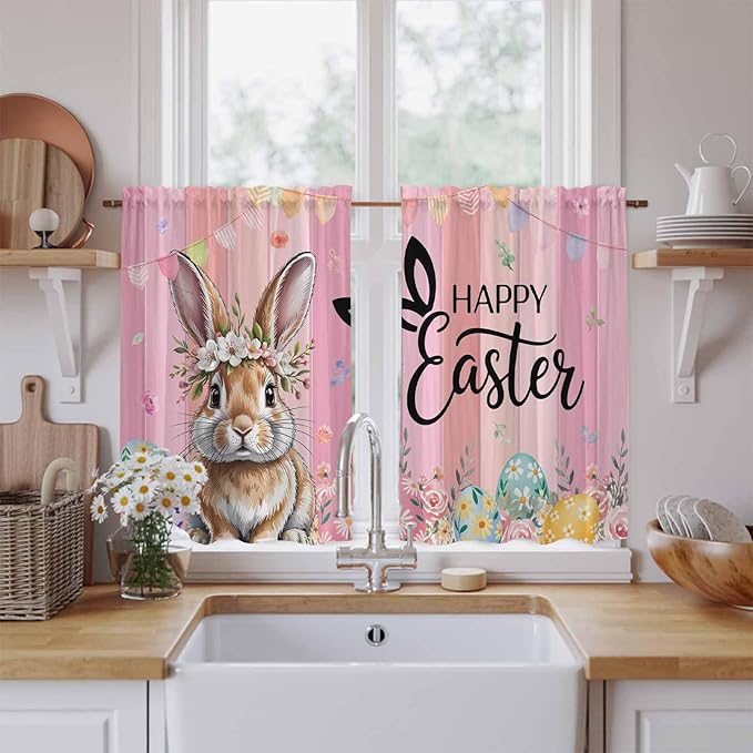 Easter Kitchen Curtains, Spring Rabbit Eggs Flowers Flags Leaves Wood Grain Light Filtering Window Curtain Panels, 2Pcs Rod Pocket Window Treatments Set for Cabin Bathroom Bedroom 52x45 Inches