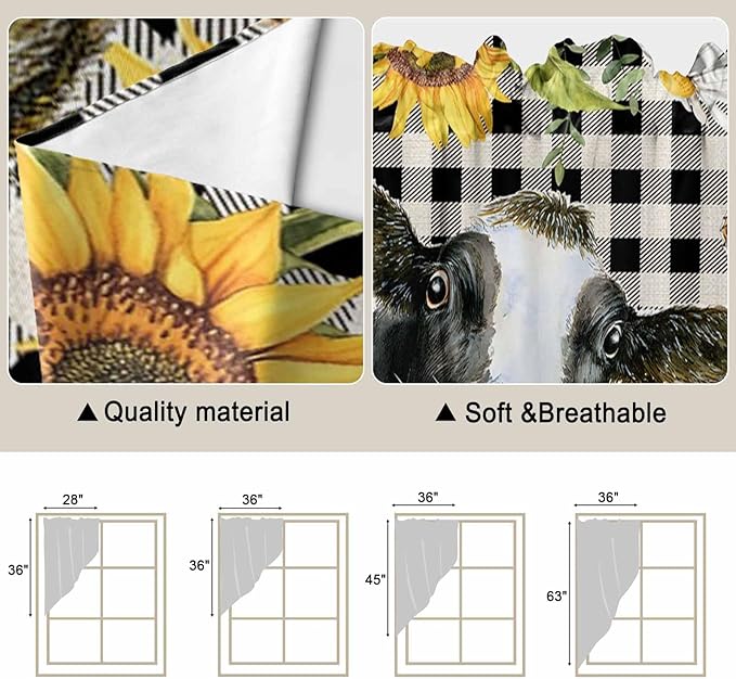 Retro Sunflowers Swag Valances for Windows, Farmhouse Floral Cow Butterfly Black Plaid Rod Pocket Kitchen Curtains Valance, Small Window Curtains Swag for Cafe Living Room, 2 Panels, 28x36 inch