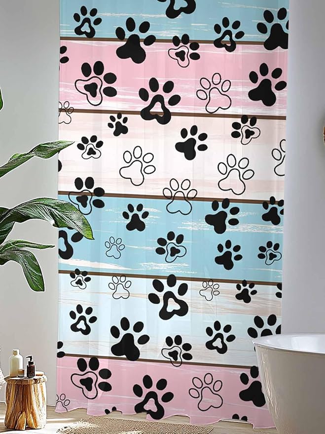 Sheer Curtains 108 Inches Long, Blue Pink Dog Paws Prints Semi Sheer Curtains Light Filtering Window Treatment, Farmhouse Beige Wood Privacy Voile Drapes for Living Room Bedroom 52x108 Inch