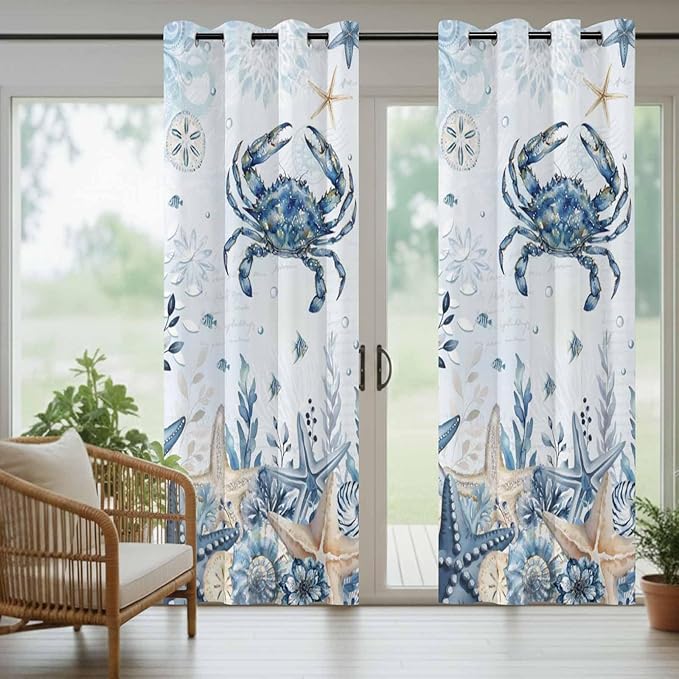 Oceans Outdoor Curtains for Patio Crabs Marine Life Shell Starfish Blue Waterproof Outside Curtains with Grommet Top Weatherproof Curtain for Cabana Pergola Gazebo, 2 Pack, 54" W x 84" L