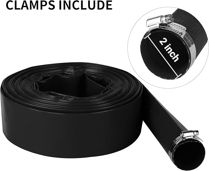 2" x 50 FT Pool Backwash Hose, Black Heavy Duty Reinforced PVC Lay Flat Water Discharge Hose for Swimming Pool Filter Pump,with 2 Clamp