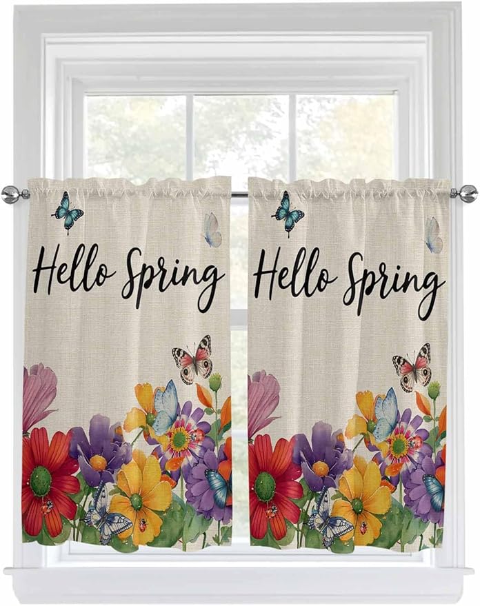 Spring Flowers Kitchen Curtains 45 Inches length, Farmhouse Vintage Country Colorful Floral Window Treatment Curtain Drapes, Lightweight Window Panels for Living Room Bedroom, 52"x45", 2 Panels