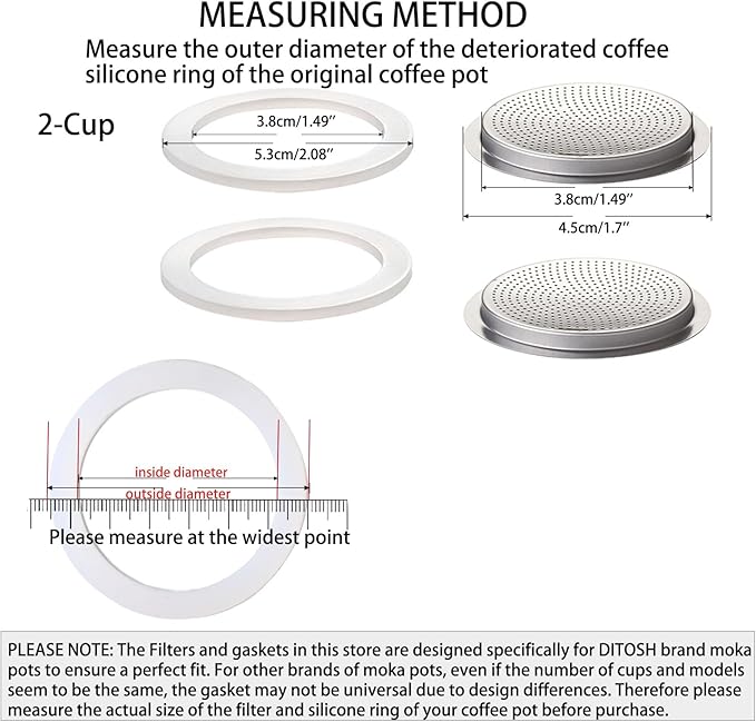 2Pcs Filter with 3Pcs Silicone Gasket Seals for 2 Cup Stovetop Espresso Coffee Maker Replacement Parts for Big Tummy and Straight Stainless Steel Moka Pot