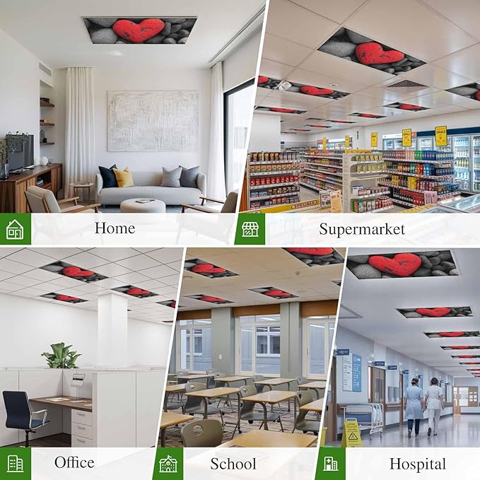 Fluorescent Light Covers for Ceiling Lights Love Heart Stone Magnetic Light Filters 3 Pack 4x2 ft Black Red Ceiling Lights Cover for Classroom Office School Home Drop Lamp Decor
