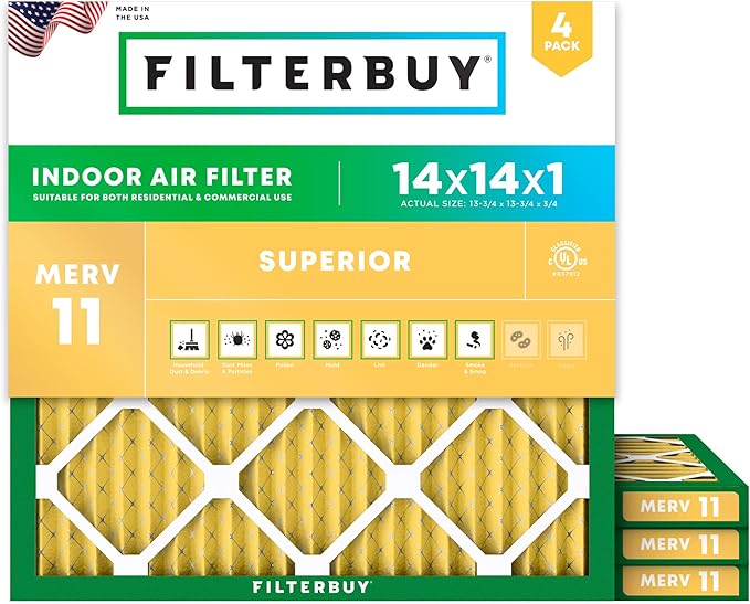 Filterbuy 14x14x1 Air Filter MERV 11 Superior Pet & Allergy Defense (4-Pack), Electrostatic Pleated HVAC AC Furnace Filters Replacement, Made in USA (Actual Size: 13.75 x 13.75 x 0.75)
