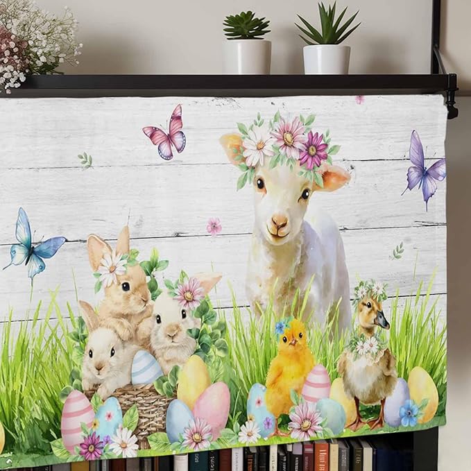 Easter Curtain Valances for Windows, Kitchen Valance Window Treatment, Spring Sheep Bunny Duck Plants Wooden Grain Light Filtering Block Curtains for Bathroom/Bedroom/Living Room 42'' x 18''