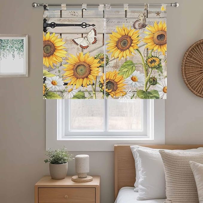 Farm Flowers Kitchen Curtains 45 Inch Length, Short Cafe Window Curtains Tab Top, Retro Sunflowers Barn Doors Butterfly Wood Board Light Filtering Window Treatments Tier Drapes 27.5"x45" 2 Panel