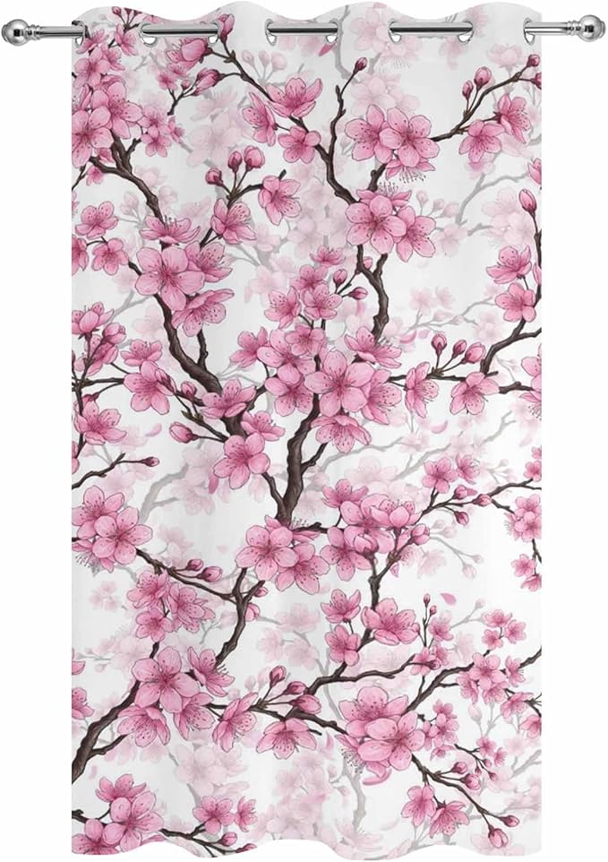 Cherry Flowers Outdoor Curtains for Patio Spring Flower Vintage Watercolor Waterproof Outside Curtains with Grommet Top Weatherproof Curtain for Cabana Pergola Gazebo, 1 Panel, 54" W x 95" L