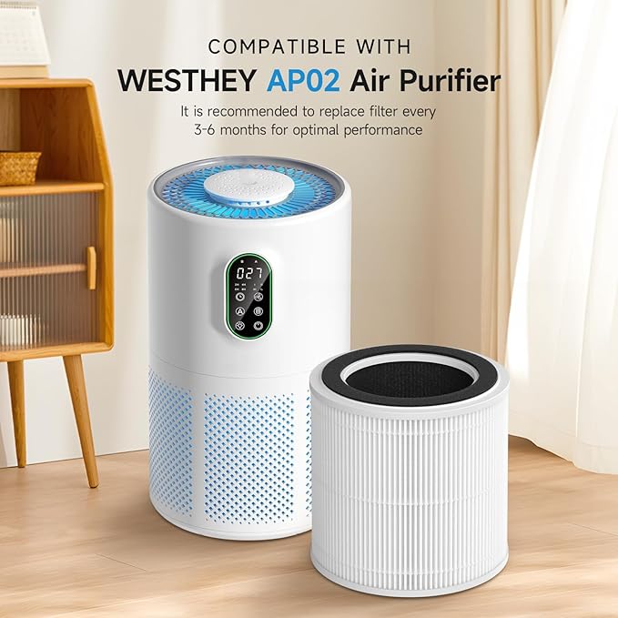 AP02 Replacement Filter Compatible with WESTHEY AP02 Air Purifier, 3-in-1 H13 True HEPA Filter with Activated Carbon, 4 Pack