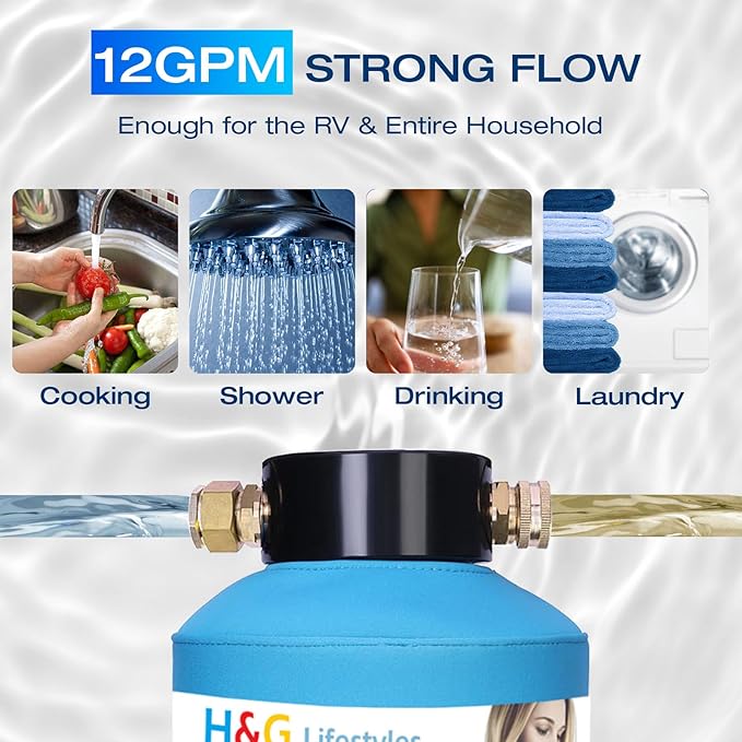 H&G Lifestyles RV Water Filter,Iron Filter for Well Water, Remove Iron Manganese Calcium and Magnesium, RV Water Softener Filtration System for Garden Hose, with 3/4" GHT Brass Adapter