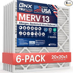 BNX TruFilter 20x20x1 Air Filter MERV 13 (6-Pack) - MADE IN USA - Electrostatic Pleated Air Conditioner HVAC AC Furnace Filters for Allergies, Pollen, Mold, Bacteria, Smoke, Allergen, MPR 1900 FPR 10