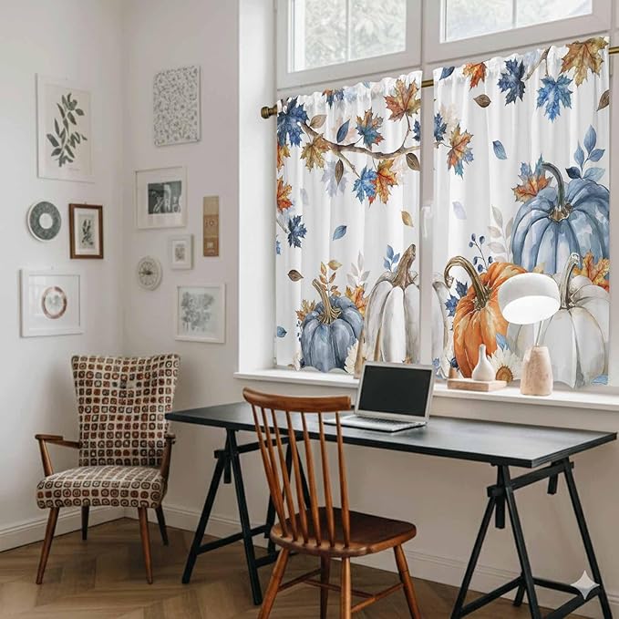 Navy Blue Pumpkin Fall Kitchen Curtains 45 Inch Long 2 Panel Set, Rod Pocket Window Treatment, Thanksgiving Maple Leaves Branches Light Filtering Panels Short Drapes for Bathroom Camper 42"W x 45"L
