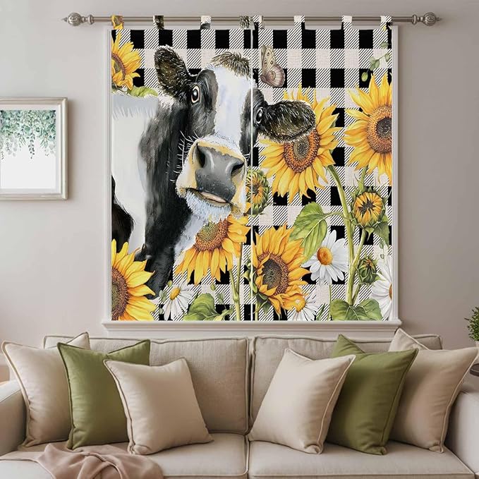 Retro Sunflowers Living Room Curtains 84 Inch Length, Window Curtains Tab Top, Farmhouse Floral Cow Butterfly Black Plaid Light Filtering Window Treatments Drapes 42"x84" 2 Panel