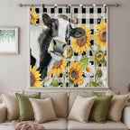 Retro Sunflowers Bedroom Curtains 72 Inch Length, Window Curtains Tab Top, Farmhouse Floral Cow Butterfly Black Plaid Light Filtering Window Treatments Drapes 52"x72" 2 Panel